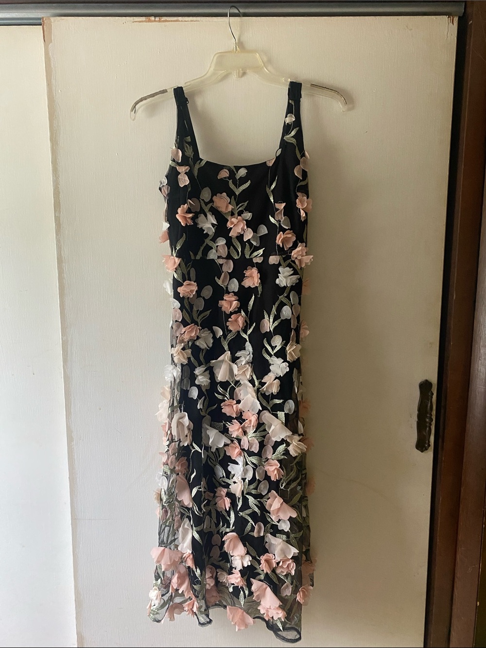 Lulas-Black Floral Appliqué Midi Dress - Pink & White Flowers